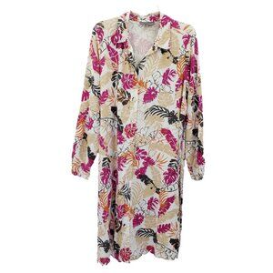 Jessica London Linen Blend Shirt Dress Sz 18W White Multi Palm Print Long Sleeve